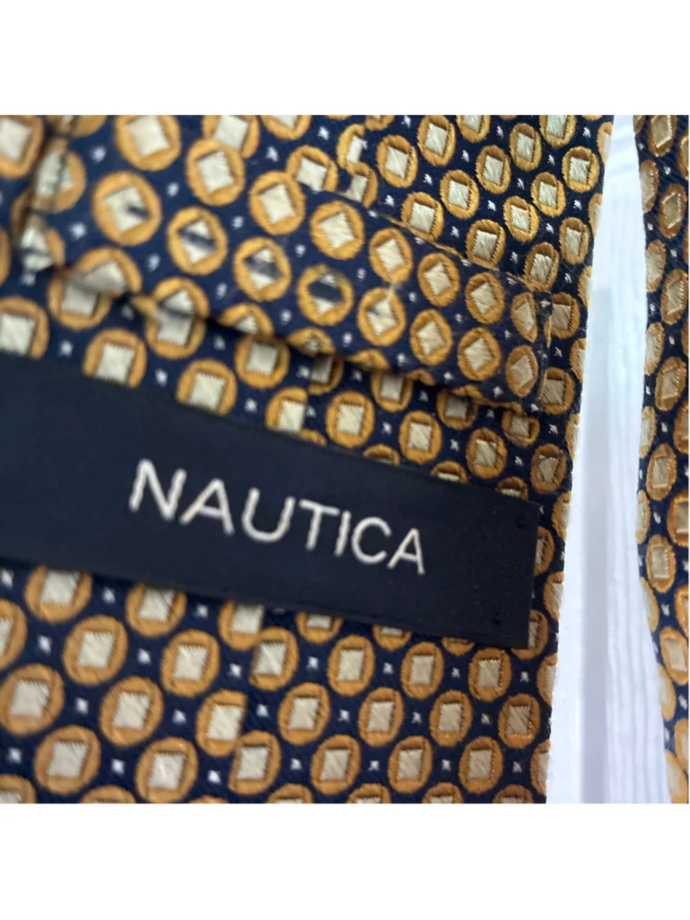 Men's Nautica Tie One Size Blue Gold Geometric Pattern Silk Necktie